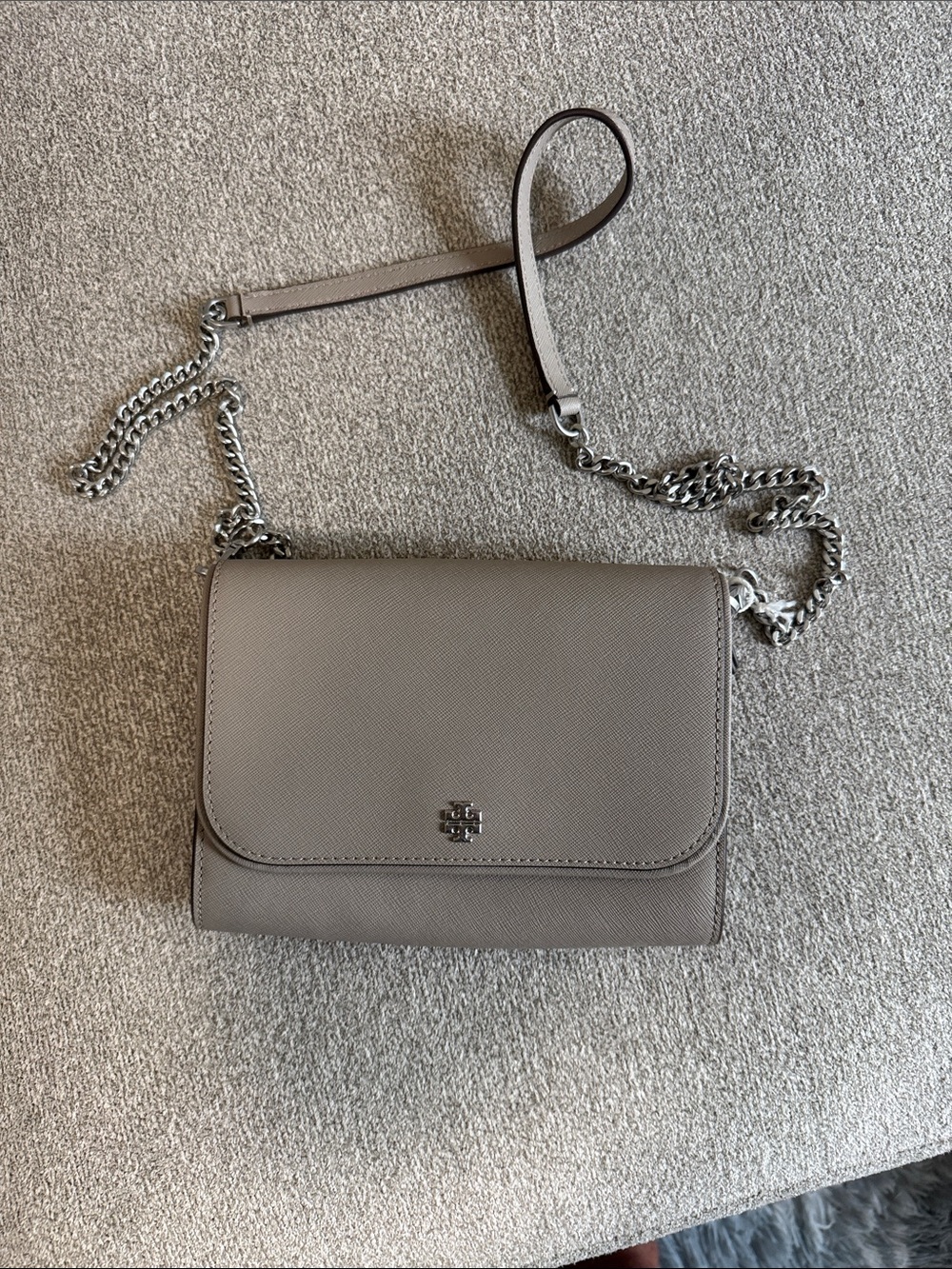 Tory Burch Taupe Pebbled Leather Chain Flap Crossbody
